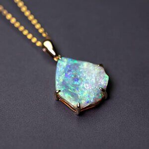 Raw Australian Solid Opal Pendant Necklace 14K Yellow Gold